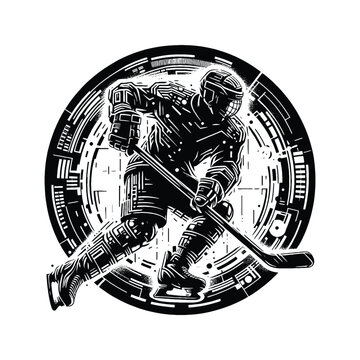 black and white hockey player action clip art preview