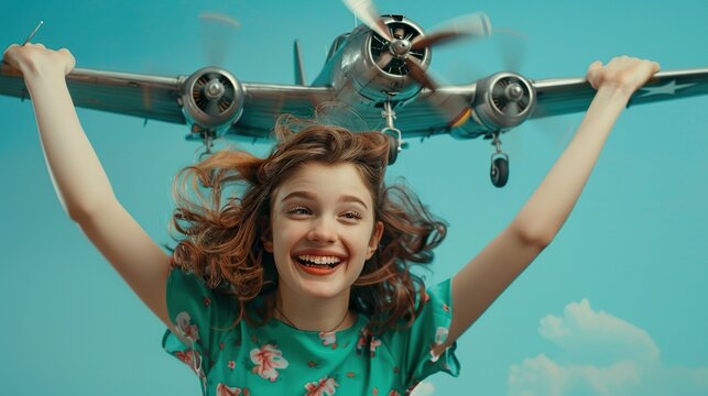 A smiling girl in a turquoise dress is flying a metal airplane with both hands, her eyes sparkling with joy.