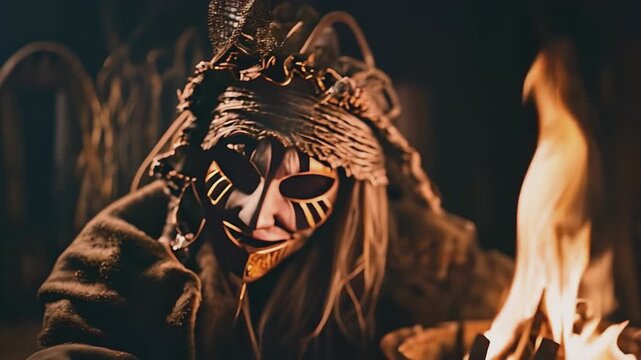 Slavic or Nordic woman, witch, shaman or magician burning a magical fire in her hut. Fantasy folklore cinematic footage. 