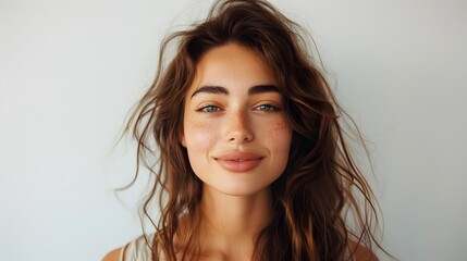 portrait of a beautiful young woman with freckles and blue eyes
