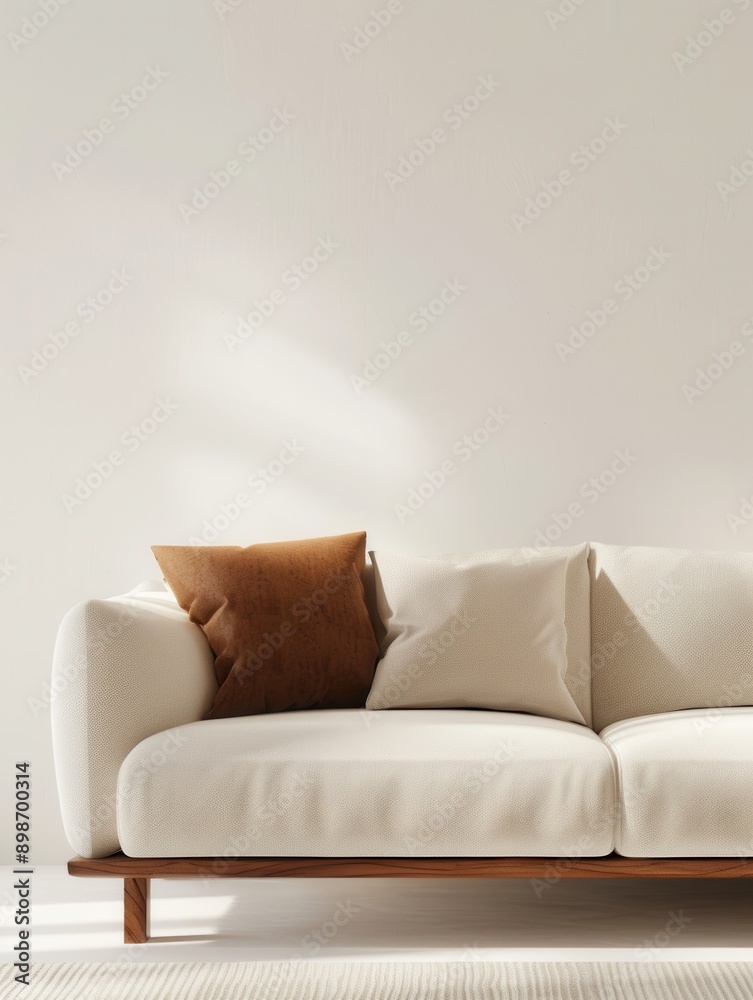 Poster a white sofa with brown pillows sits in a minimalist room with sunlight streaming through the window