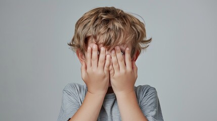 A young boy in a gray shirt is covering his face with his hands while making a funny, exaggerated expression. The cool gray background emphasizes his playful and mischievous mood