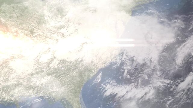 Earth zoom in from space and focus on Sanford, North Carolina, USA. Background for travel intro or blog. Satellite view. 3D style Animation. Images from NASA.