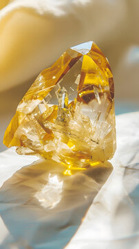 A macro photograph capturing the detailed textures and vibrant colors of a beautiful yellow citrine crystal. Perfect for themes such as gemstones, jewelry, and natural beauty