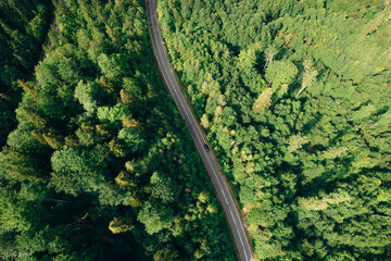 Aerial view of the road passing through the mountain and green forest. Curve asphalt road on mountain.	
