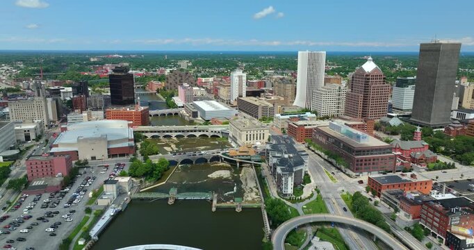 Rochester NY urban architecture in city downtown. Panoramic view of business district skyline with contemporary and historical buildings in upstate New York
