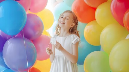 Obraz premium A young girl in a white dress is surrounded by a rainbow of balloons, holding a few in her hands and looking joyful. The clean white background highlights her bright and cheerful demeanor
