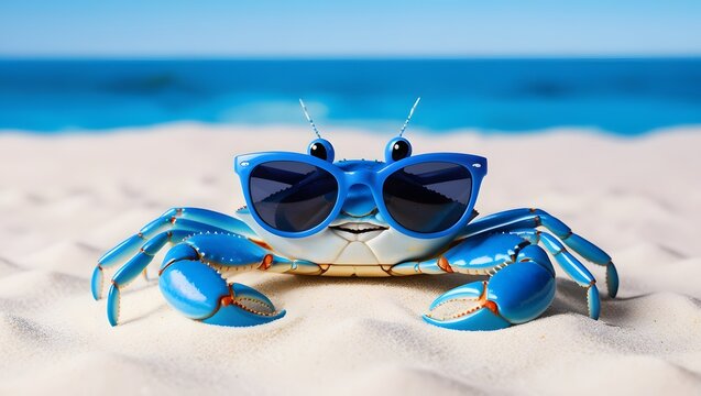 Blue crab wearing sunglasses on beach with a colorful and bright background.