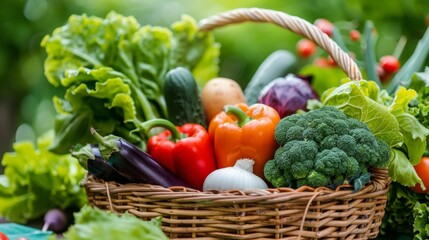 Fototapeta premium freshly harvested homegrown vegetables in a wicker basket, backyard farming,
