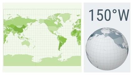 World Map Animation. Miller cylindrical projection. Colored countries style. Animated world map in Miller projection. Loopable animation showing longitude shift and matching globe.
