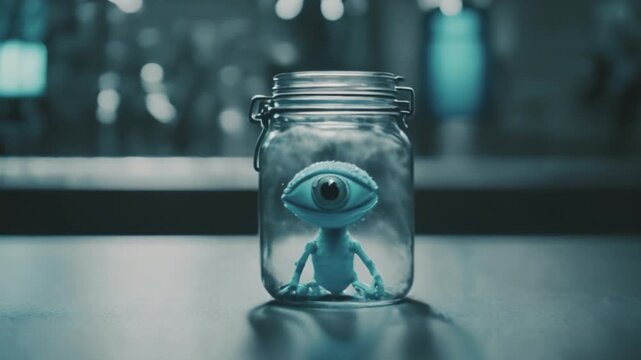 Small and sad, lonely blue alien with one eye sitting locked in a jar on the table in a laboratory. Sci-fi movie cinematic footage.