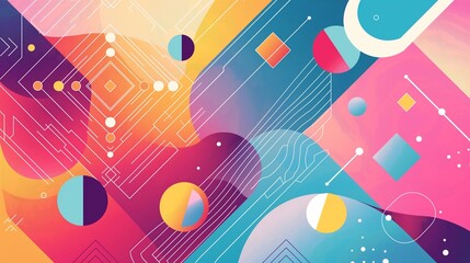 A stylish geometric summer background with an array of colorful shapes like diamonds, circles, and waves, all arranged in a modern and energetic composition, perfect for summer posters.