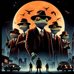 A group of frogs wearing suits and hats at night look like a gang or detectives