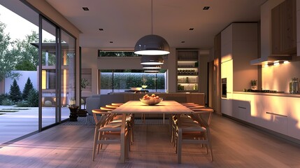 Interior of modern open plan kitchen with dining table and glowing lamps