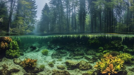 A surreal freshwater ecosystem with clear water, submerged forests, and rare aquatic plants, creating an extraordinary underwater landscape.