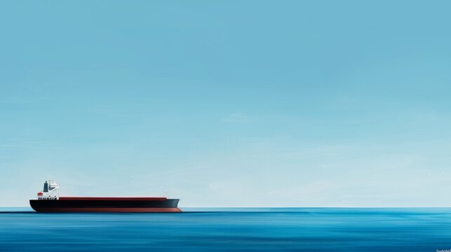 A large cargo ship navigates through calm blue waters under a clear sky, symbolizing trade and maritime transportation.