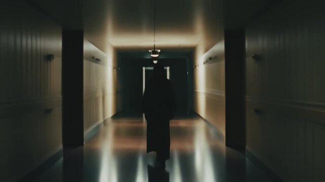 A hooded figure walking towards the camera in a dark scary corridor. Filmic horror movie scene. Halloween, ghost, supernatural event, occult serial killer topic.