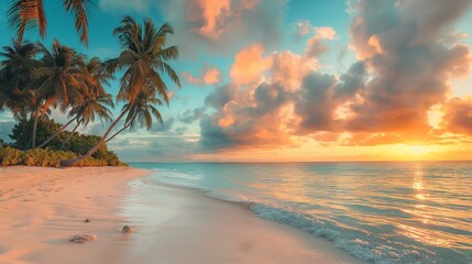 A attractive tropical beach at sunset, with the sky a blaze of colors and the sun sinking below the horizon, casting a warm light on the swaying palm trees and calm sea.
