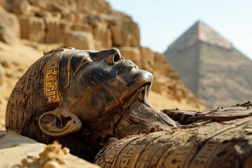 Close-up shot of a statue standing guard at the entrance of an ancient pyramid
