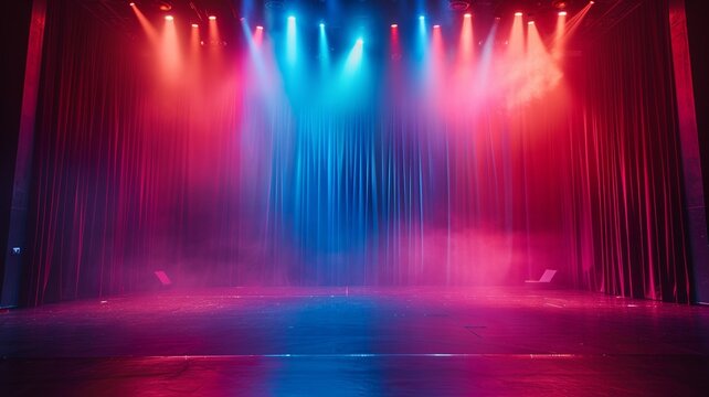 An empty theater stage features a colorful and dynamic backdrop, illuminated by a spotlight. This captivating scene is perfectly set for an exciting live performance.