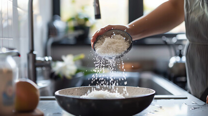 a man washes rice in water