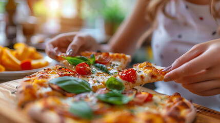 woman holding a slice of pizza