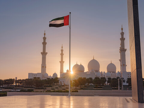 Abu Dhabi, UAE - January 14 2024: Evening view from Wahat Al Karama or Oasis of Dignity. war memorial and monument to commemorate all Emiratis who are killed in the line of duty in Abu Dhabi
