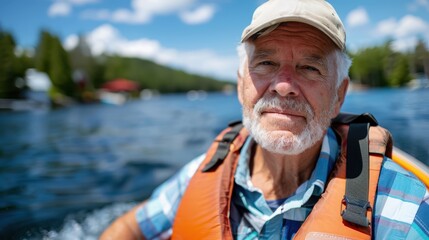 An elderly man wearing a plaid shirt and life vest enjoys a boat ride on a sunny lake, showcasing a moment of leisure and safety in a scenic outdoor setting.