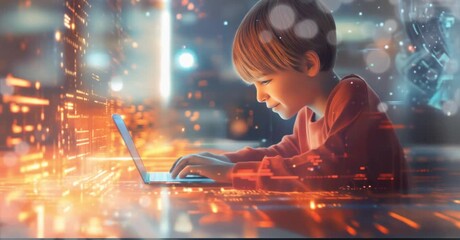 boy, kid working on a computer, Digital code, binary streams depicting data flow and cyber security concept, animated video background, copy space - Powered by Adobe