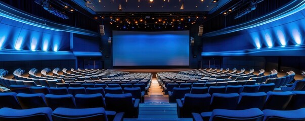 Empty theater with blue seats and a large screen