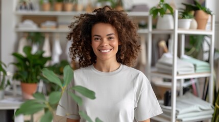A smiling woman with beautiful curly hair stands inside a bright and lively space filled with green plants, radiating positivity and natural beauty.