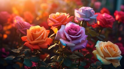 field with colorful roses, in the style of macro photography
