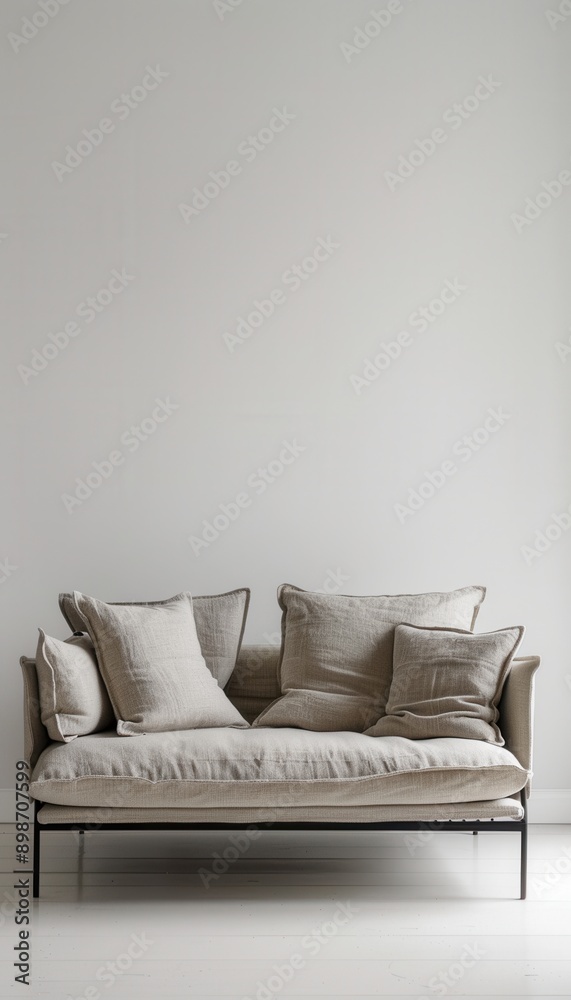 Poster a beige linen sofa with three pillows sits in a white room. the sofa has a black metal frame and is 