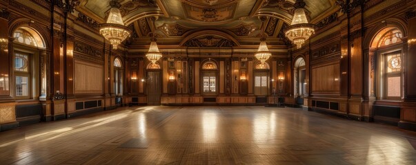 Empty ornate ballroom with wooden floors, chandeliers, and high ceilings.