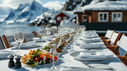 A beautifully arranged outdoor dining table set in an exquisite snowy mountain environment, with white linens, wine glasses, and sumptuously prepared food dishes leading the way.