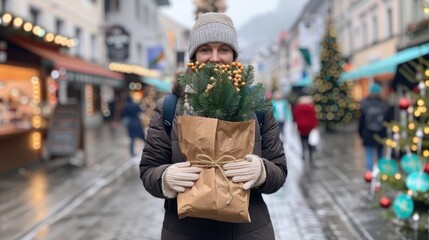 A bundled-up woman with a beanie and gloves holds a wrapped pine tree in a busy, festive outdoor market, capturing the essence of winter wonder and holiday cheer.