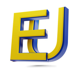 EU as European Union as Europe symbol, colors of the flag of the European Union, E and U 3d-illustration in blue and yellow, with shadow