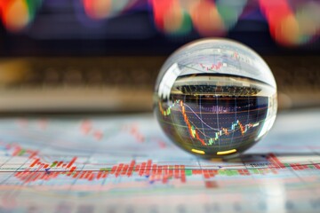 A Glass Sphere Reflecting Stock Market Charts on a Financial Document