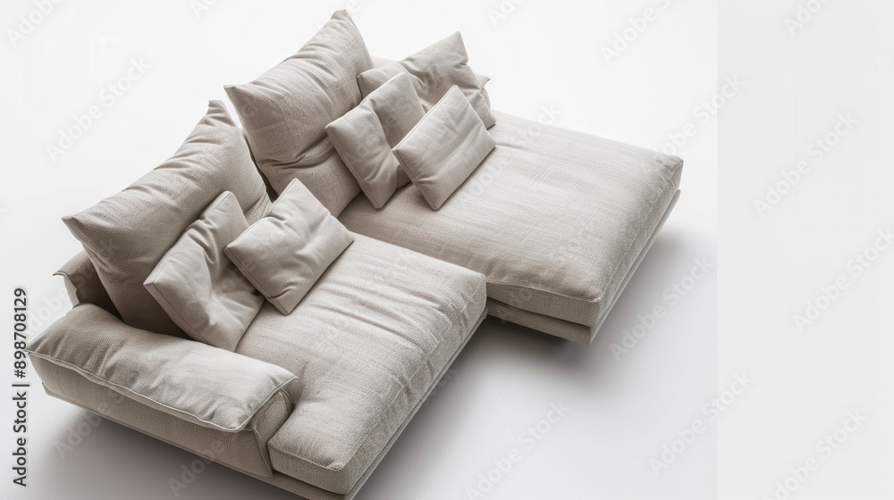 Poster A white sectional sofa with multiple pillows is arranged in a studio setting with a white background. Generative AI