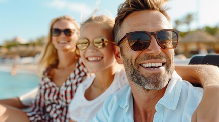 A family is beaming with joy as they pose for the camera on a sunny day at a beach resort. This image reflects happiness, bonding, and the vibrancy of a beach outing.