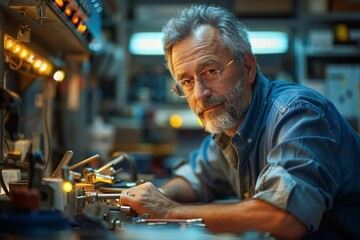 detailed shot of a mature male Caucasian locksmith showcasing his tools in workshop.