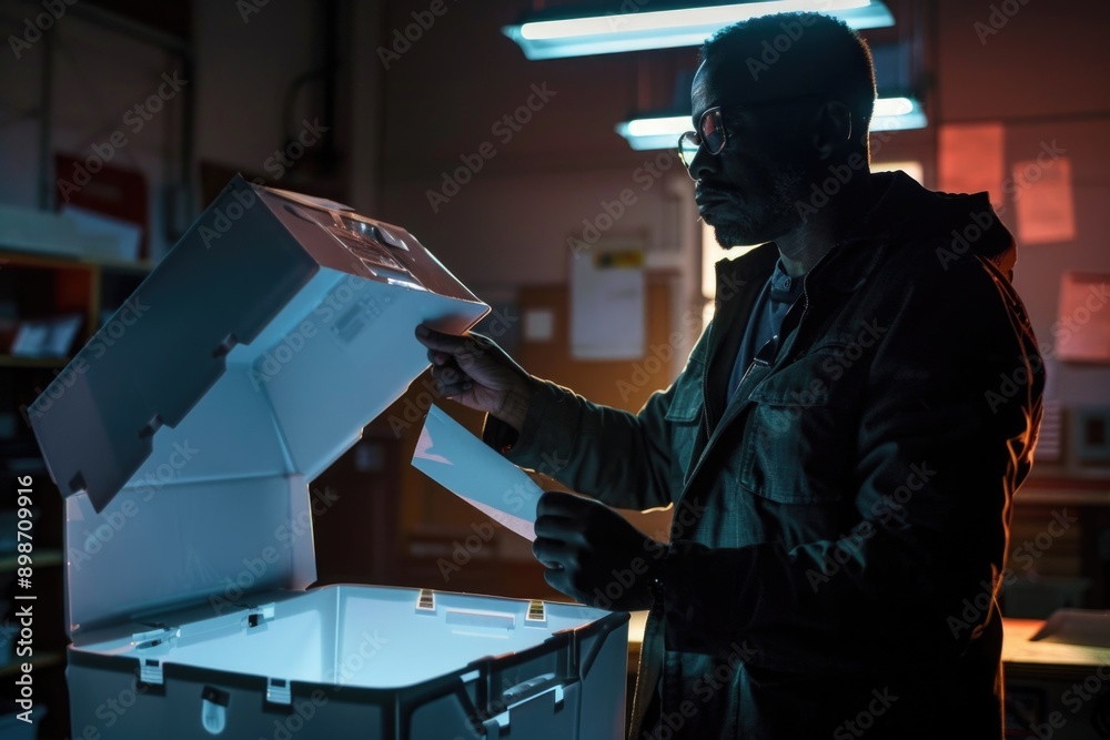 Poster a person placing documents into a folder or archive, possibly for organization or storage
