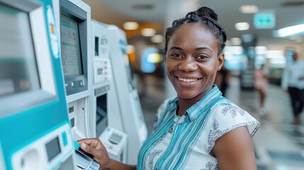 A smiling woman stands in a brightly lit bank lobby, using an ATM. She appears happy and engaged with the machine, which is a modern banking kiosk.