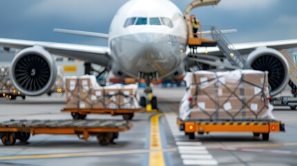 An image showing cargo packages being transported on carts past a large aircraft at a busy airport, highlighting the efficiency and importance of air shipping in global trade.