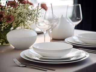 table setting for the holiday. Transparent tall glasses, white plates, bouquets of flowers on the festive table. Summer wedding, preparation for the celebration.