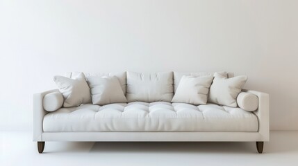 Fototapeta premium A white sofa with five pillows sits in front of a white wall in a modern living room. Generative AI