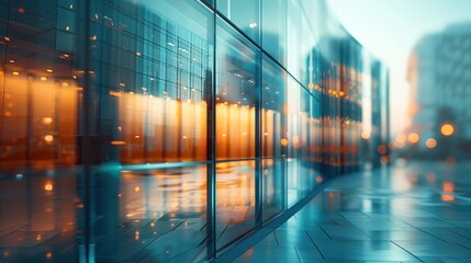 A futuristic building with curved glass panels in a modern cityscape, creating an innovative and sleek atmosphere.