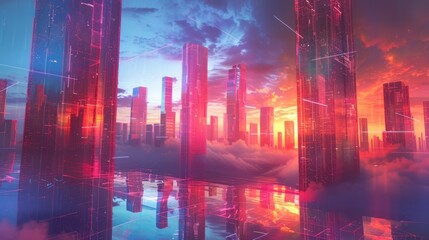 A futuristic city skyline with abstract shapes and vibrant colors in a digital art style, creating a surreal and imaginative atmosphere.