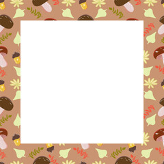Vector fall season decorative frame with hand drawn autumn leaves and mushrooms.