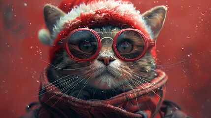 Playful cat in a santa hat and sunglasses poses for a festive winter portrait with snowflakes falling around